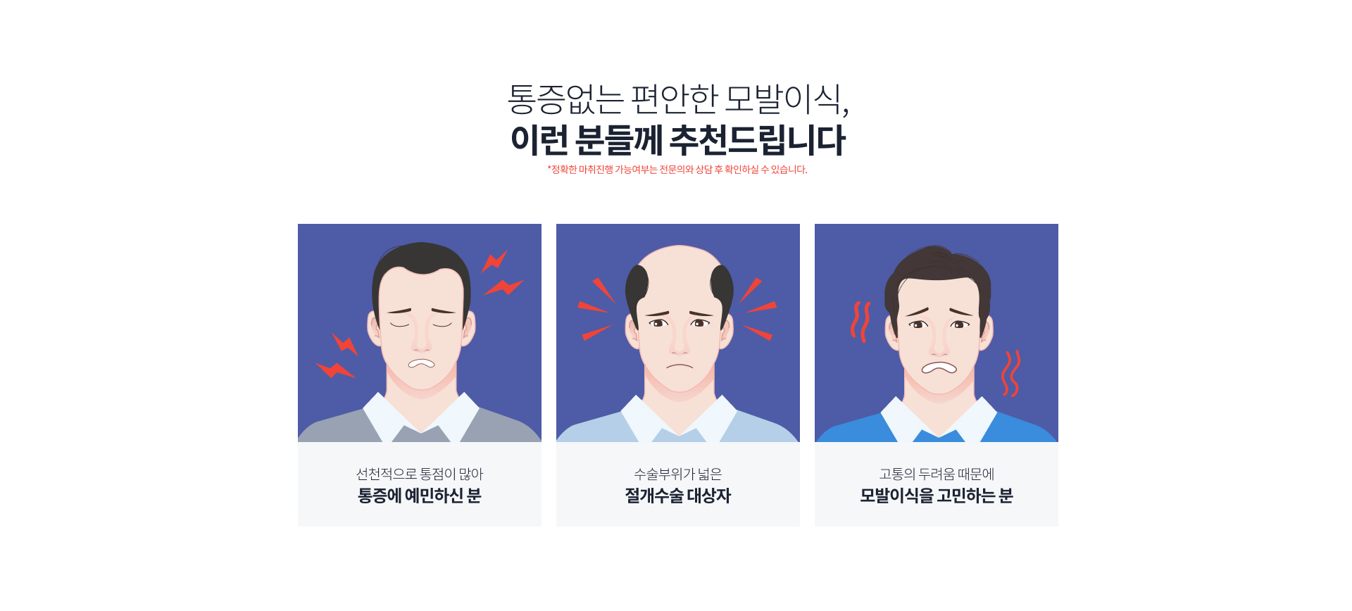 통증없는 편안한 모발이식, 이런 분들께 추천드립니다. (*정확한 마취진행 가능여부는 전문의와 상담 후 확인하실 수 있습니다.) 1. 선천적으로 통점이 많아 통증에 예민하신 분, 2. 수술부위가 넓은 절개수술 대상자, 3. 고통의 두려움 때문에 모발이식을 고민하는 분.