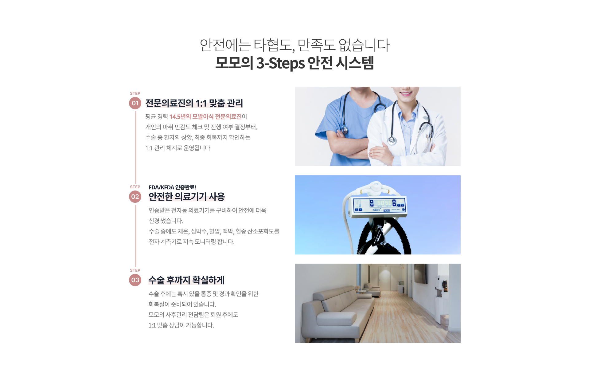 안전에는 타협도, 만족도 없습니다. 모모의 3-Steps 안전 시스템 Step01. 전문의료진의 1:1 맞춤 관리 : 평균 경력 14.5년의 모발이식 전문의료진이 개인의 마취 민감도 체크 및 진행 여부 결정부터, 수술 중 환자의 상황, 최종 회복까지 확인하는 1:1 관리 체계로 운영됩니다. / Step02. FDA,KFDA 인증완료! 안전한 의료기기 사용 : 산부인과에서 주로 사용하는 전자동 의료기기를 구비하여 마약류 약물 마취가 아닌, N2O(이산화질소) 마취로 안전에 더욱 신경 썼습니다. 수술 중에도 체온, 심박수, 혈압, 맥박, 혈중 산소포화도를 전자 계측기로 지속 모니터링 합니다. / Step03. 수술 후까지 확실하게 : 수술 후에는 혹시 있을 통증 및 경과 확인을 위한 회복실이 준비되어 있습니다. 모모의 사후관리 전담팀은 퇴원 후에도 1:1 맞춤 상담이 가능합니다.