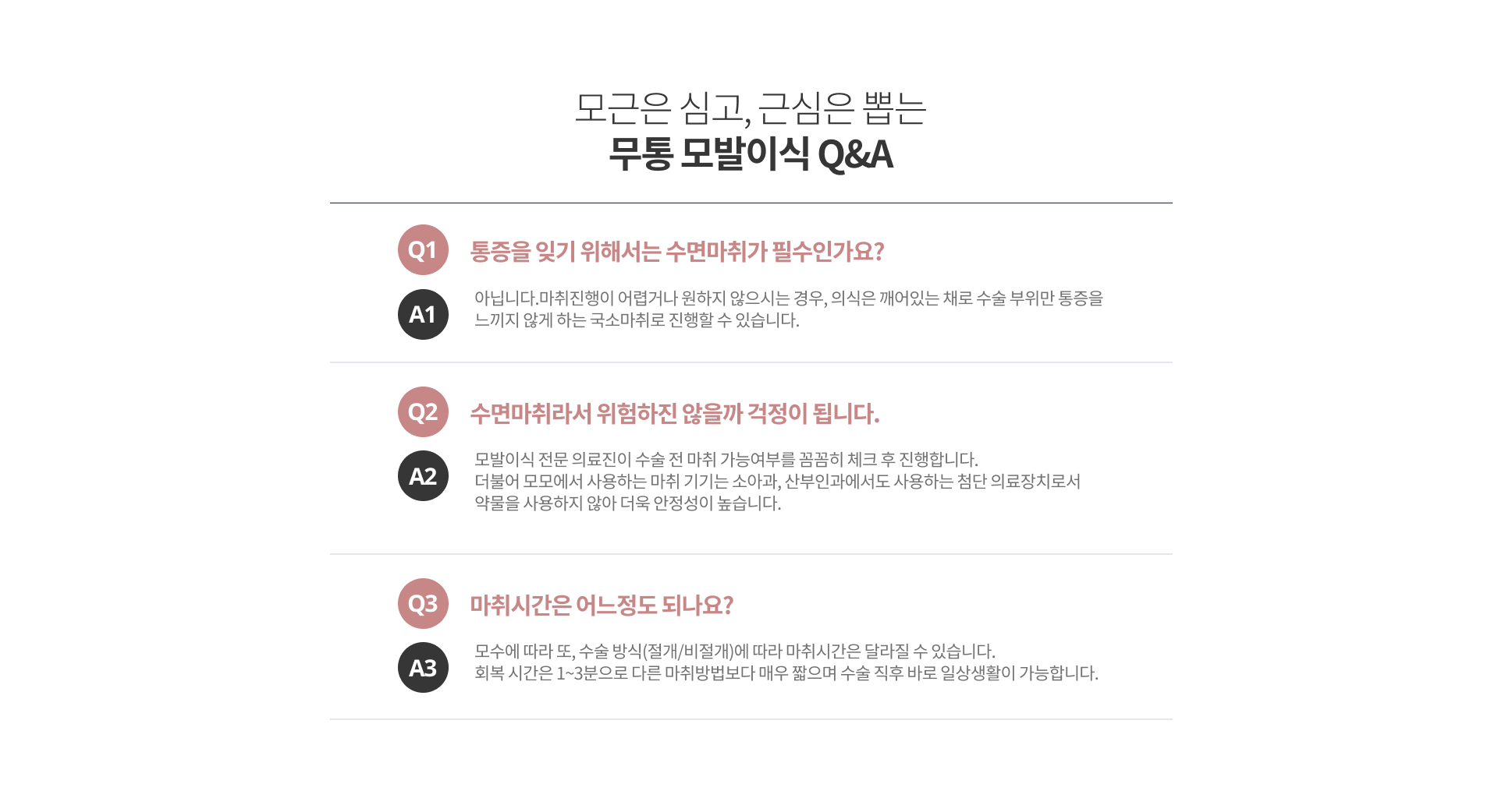 [모근은 심고, 근심은 뽑는 무통 모발이식 Q&A] Q1. 통증을 잊기 위해서는 수면마취가 필수인가요? A1. 아닙니다. 마취진행이 어렵거나 원하지 않으시는 경우, 의식은 깨어있는 채로 수술 부위만 통증을 느끼지 않게 하는 국소마취로 진행할 수 있습니다. Q2. 수면마취라서 위험하진 않을까 걱정이 됩니다. A2. 모발이식 전문 의료진이 수술 전 마취 가능여부를 꼼꼼히 체크 후 진행합니다. 더불어 모모에서 사용하는 마취 기기는 소아과, 산부인과에서도 사용하는 첨단 의료장치로서 약물을 사용하지 않아 더욱 안정성이 높습니다. Q3. 마취시간은 어느정도 되나요? A3. 모수에 따라 또, 수술 방식(절개/비절개)에 따라 마취시간은 달라질 수 있습니다. 회복 시간은 1~3분으로 다른 마취방법보다 매우 짧으며 수술 직후 바로 일상생활이 가능합니다.